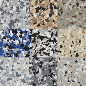 A collection of nine different epoxy decorative flake blends, each with a distinct color and pattern, designed to enhance floor surfaces.