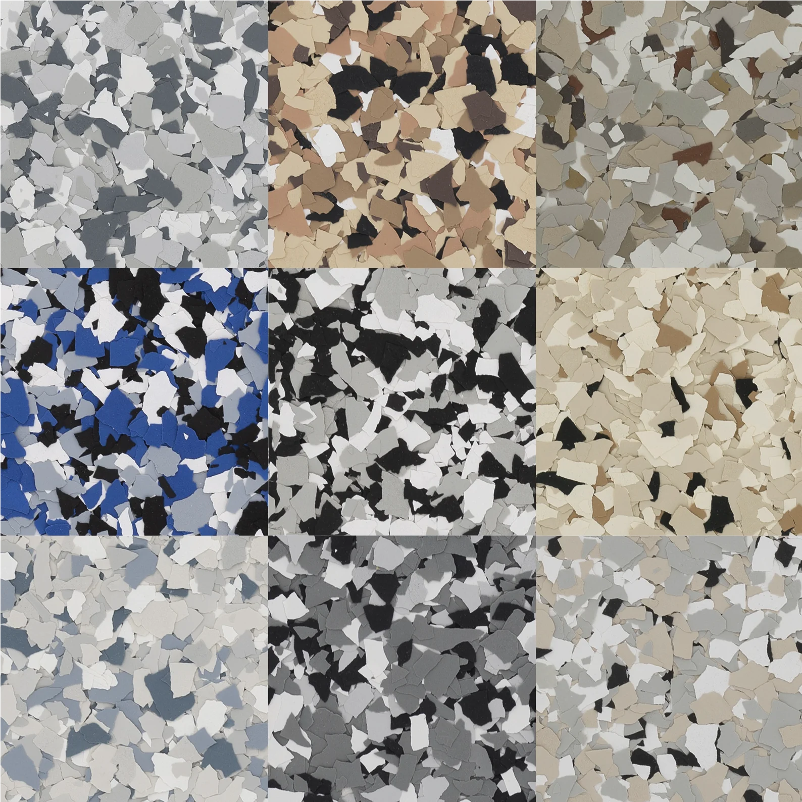 A collection of nine different epoxy decorative flake blends, each with a distinct color and pattern, designed to enhance floor surfaces.