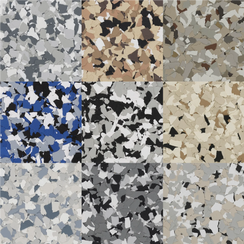 A collection of nine different epoxy decorative flake blends, each with a distinct color and pattern, designed to enhance floor surfaces.